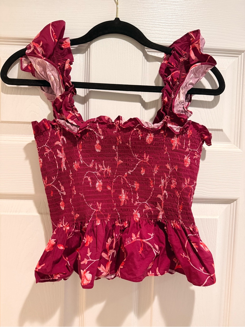 Hill House Floral Smocked Ruffle Tank - Wine Pink
